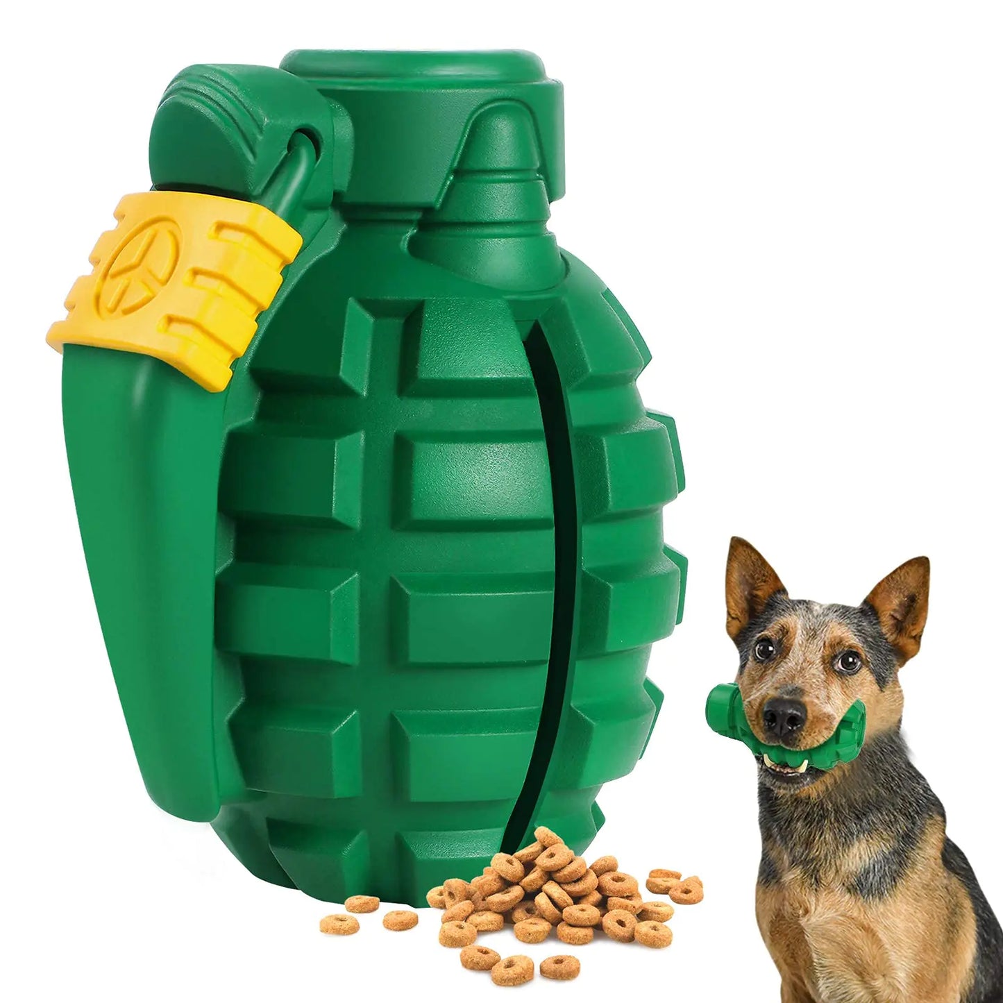 Treat dispensing indestructible hand grenade chew toy