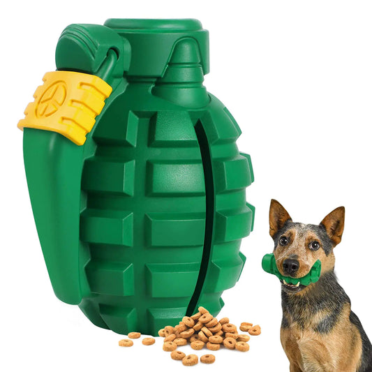 Treat dispensing indestructible hand grenade chew toy